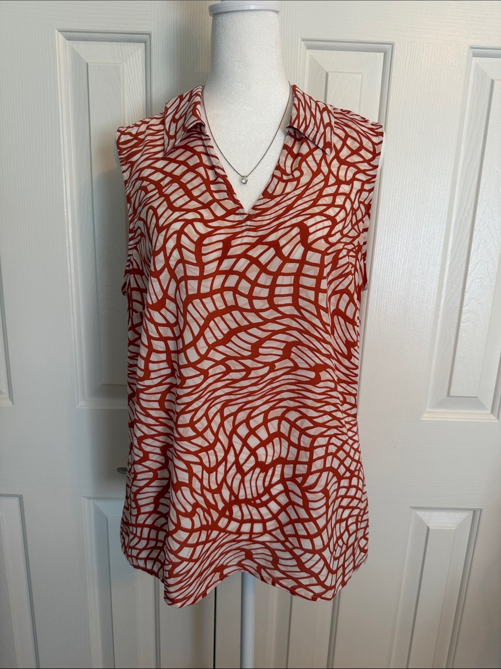 CAbi Burnt Orange and Cream Abstract-Grid Sleeveless V-Neck blouse